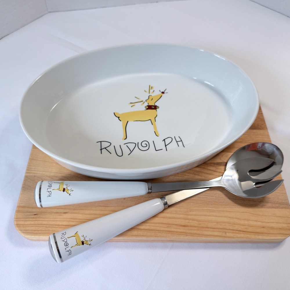 Pottery Barn Reindeer Rudolph Serving Set White Holiday Bowl and Utensils